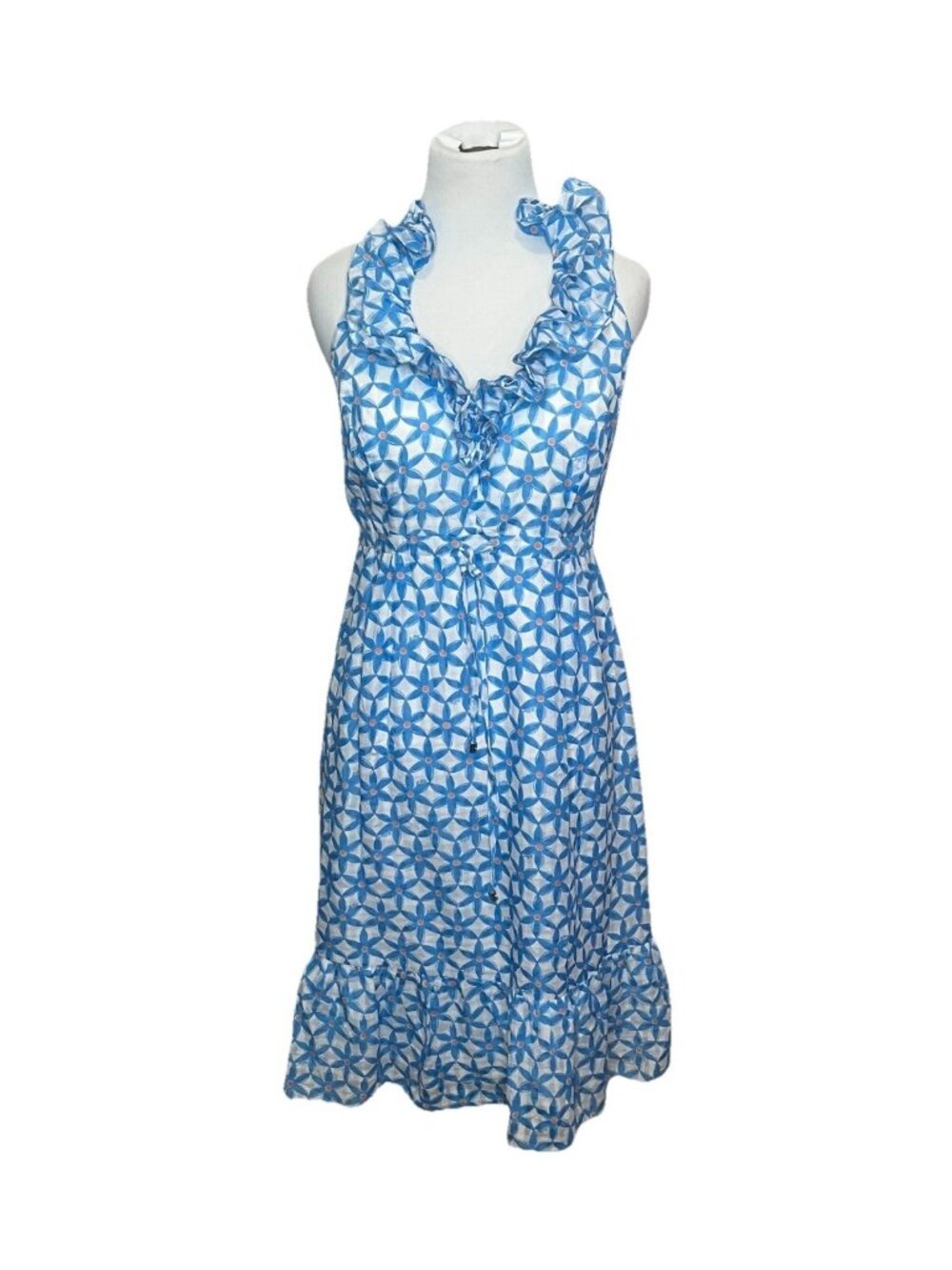 Lilly Pulitzer Dexter Halter Dress Blue White Ruffle Floral Silk 8 Preppy